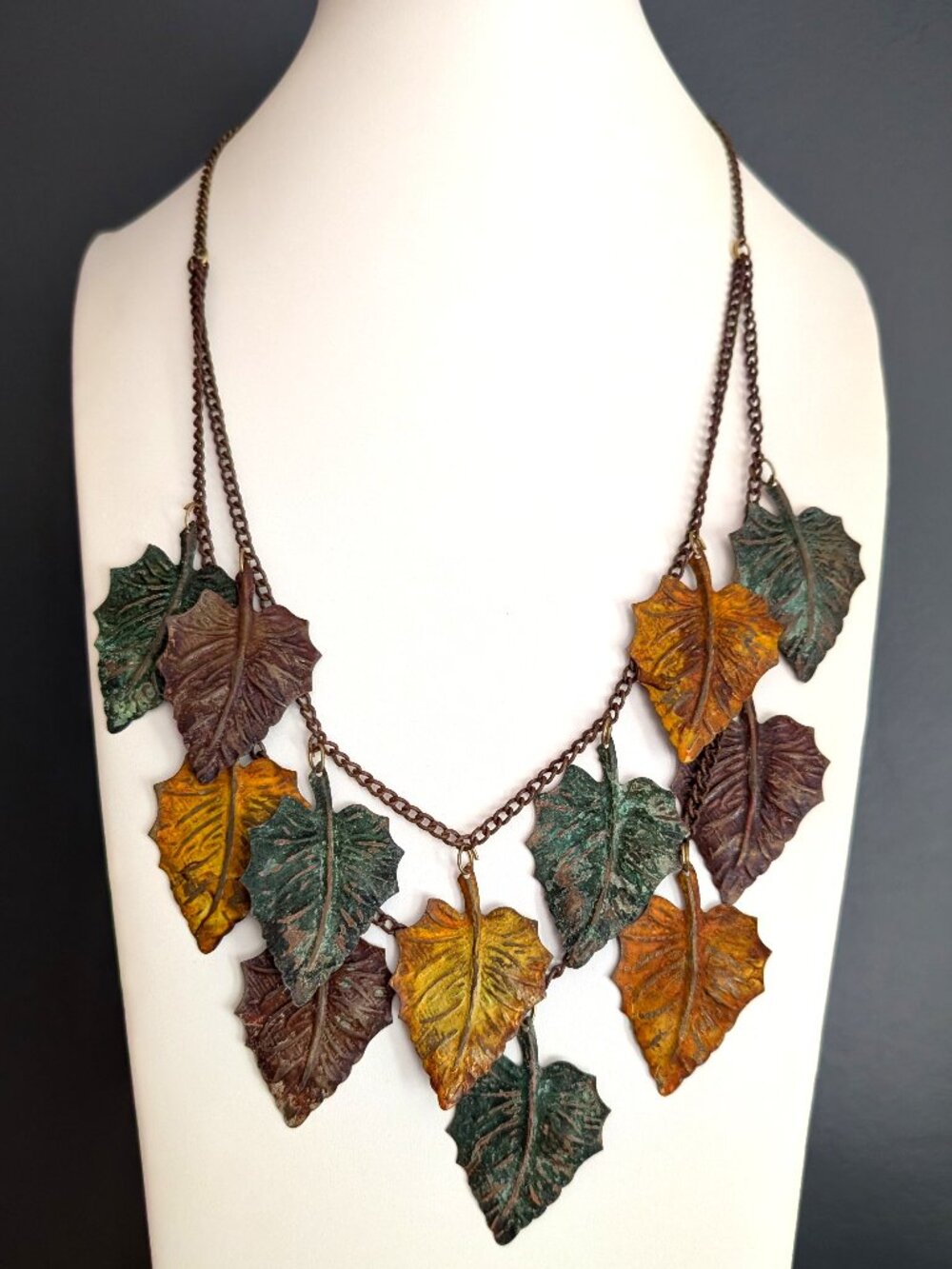 Fall colored hanging metal leaf necklace